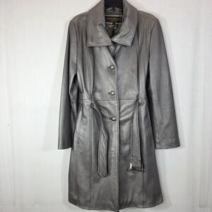 Vtg Marvin Richards NY Metallic Silver Leather Trench Coat - Large